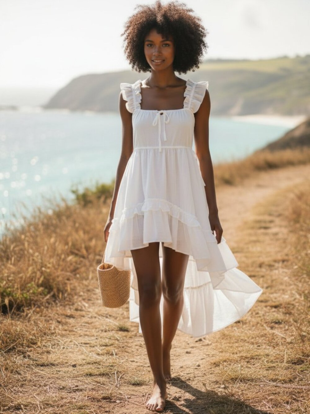 BIRD & KITE White Cotton Mini Dress XS Asymmetrical Ruffle Boho Beach